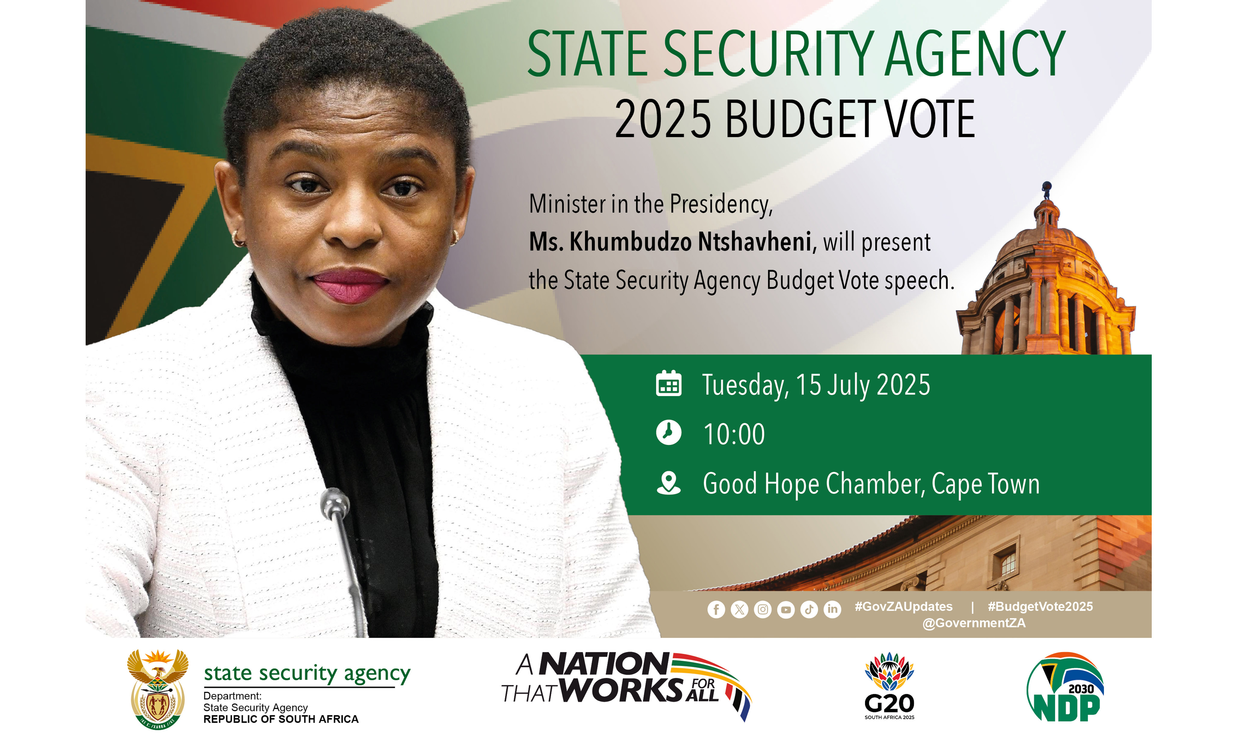 Ms. Khumbudzo Ntshavheni presents the budget vote for the State Security Agency