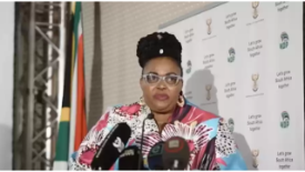 Minister of Water and Sanitation, Pemmy Majodina, briefs the media on the department first 100 days