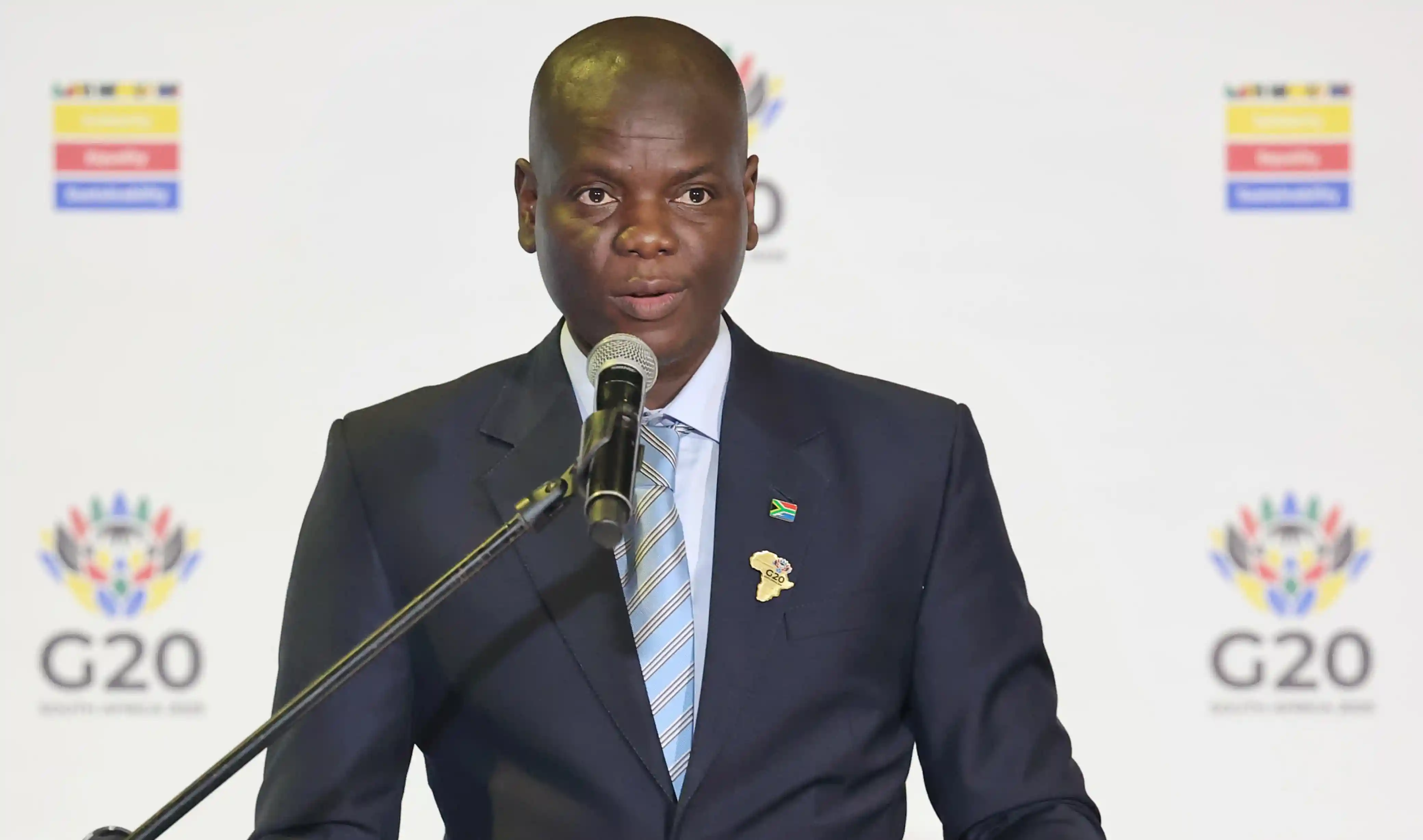 Minister Lamola briefing the media at the conclusion of the First G20 Foreign Ministers' Meeting